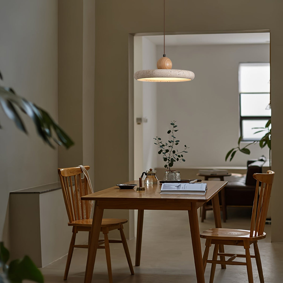 Travertin en Houten Hanglamp