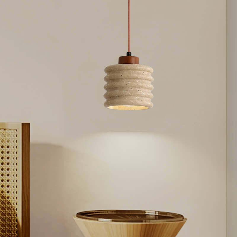 Travertin hanglamp met houten accent