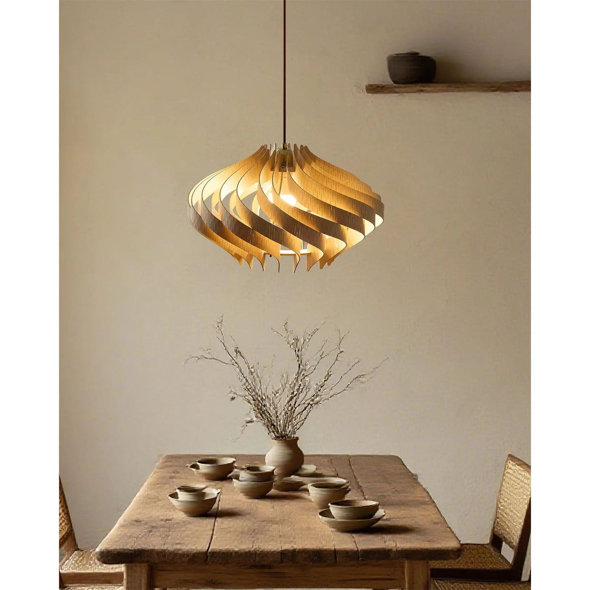 Japandi houten hanglamp met lamellen