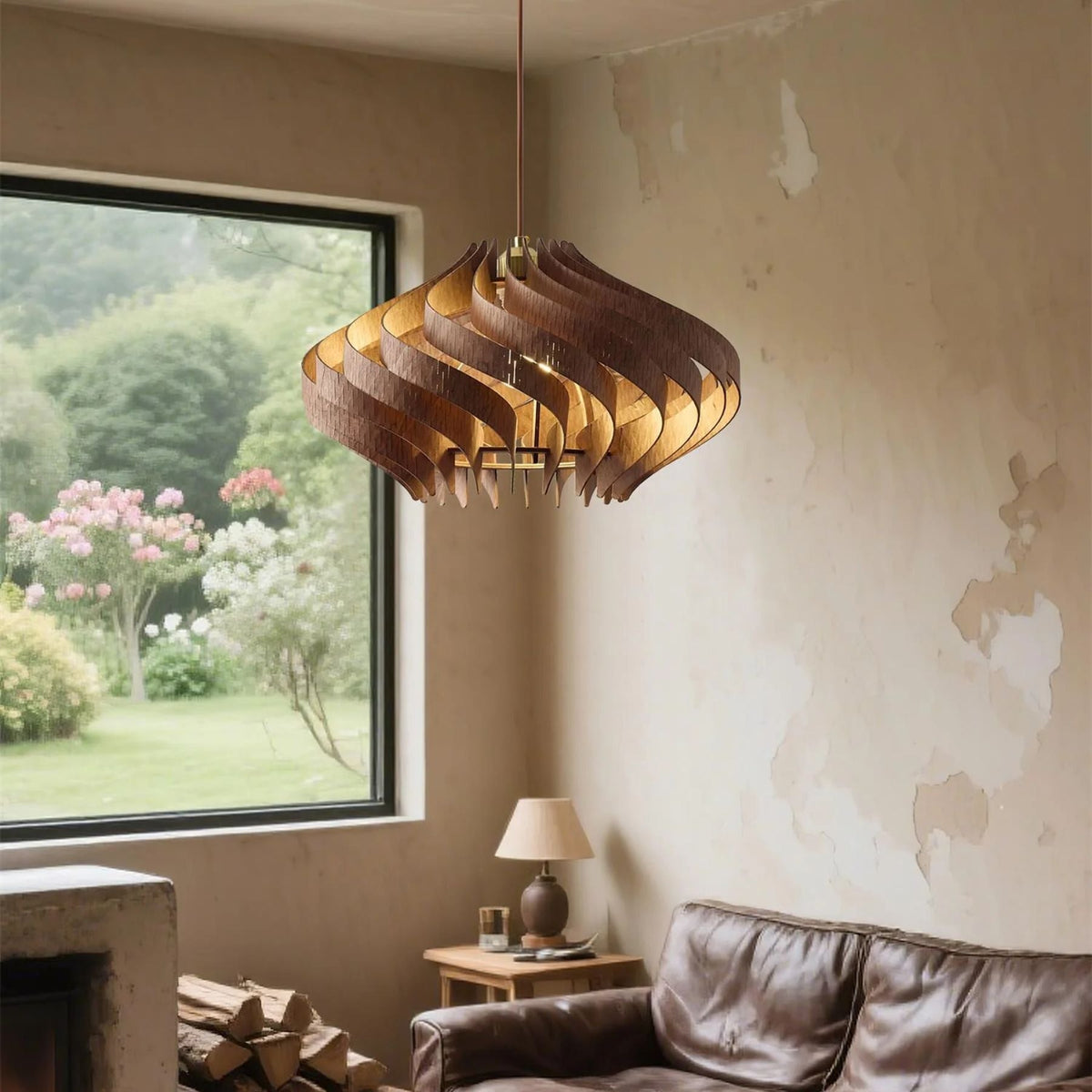 Japandi houten hanglamp met lamellen