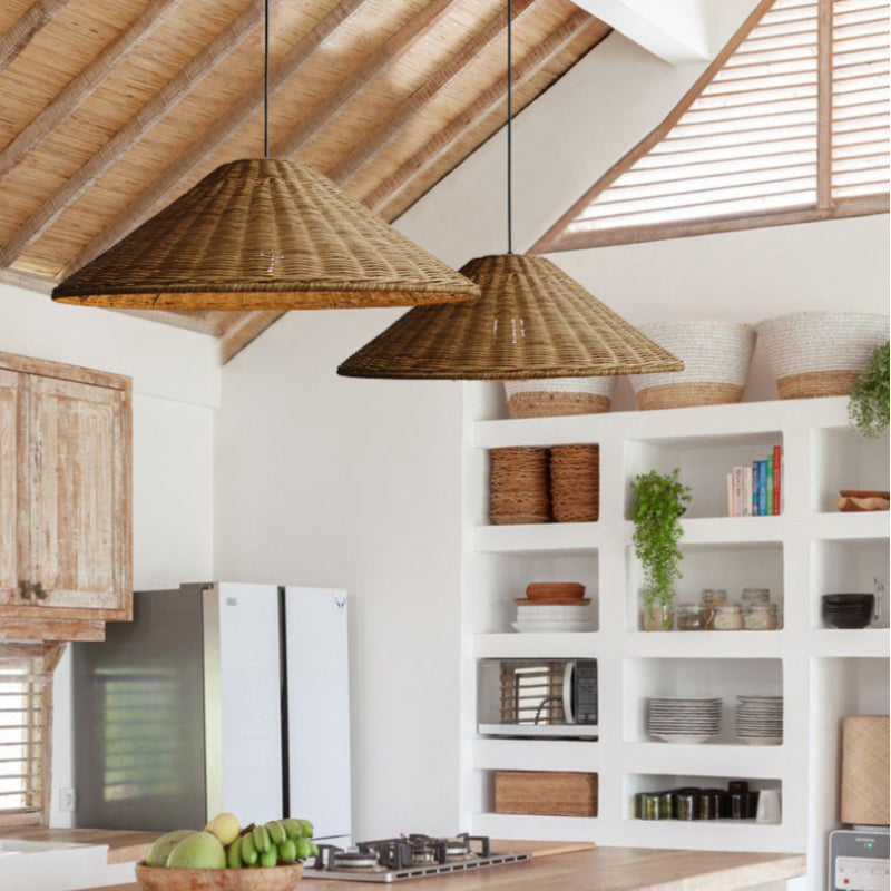 Retro Handgeweven Kegelvormige Rattan Hanglamp